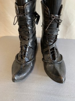 Mens, Sci-Fi/Fantasy Boots , MTO, Black, Leather, Reptile/Snakeskin, 9, Egyptian, Mid-calf, Lace-up with Strappy Ties Attached at Vamp, Pointy, Sinister Villain
