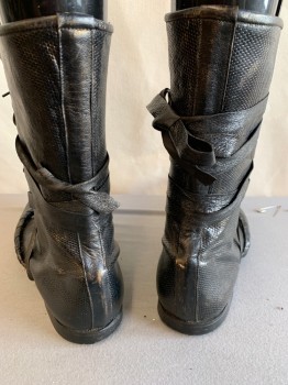Mens, Sci-Fi/Fantasy Boots , MTO, Black, Leather, Reptile/Snakeskin, 9, Egyptian, Mid-calf, Lace-up with Strappy Ties Attached at Vamp, Pointy, Sinister Villain
