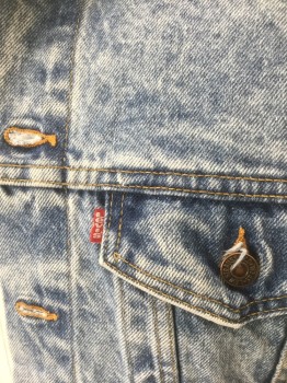 LEVI STRAUSS, Denim Blue, Lt Blue, Cotton, Acid Wash, Indigo/Light Blue Acid Wash Denim, Button Front, Collar Attached, 4 Pockets, 1980's