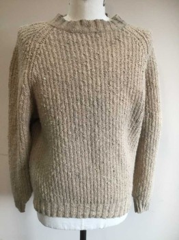 EDDIE BAUER, Oatmeal Brown, Cotton, Wool, Solid, Thick Ribbed Knit, CN, Aged/Distressed,