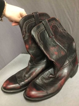 LUCCHESE, Black, Red, Leather, Black Leather with Red Stains Throughout, Black Embroidery, 1" Heel