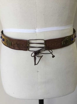 N/L, Dk Brown, Brass Metallic, Blue, Red, Yellow, Leather, Metallic/Metal, Dots, Novelty Pattern, (double) Dark Brown Reptile  Belt W/brass Inlay Work Detail W/blue  Round Stones & Red/yellow Stone in the Middle, 2 Needle Pins and Brown Cord String Closure, See Photo Attached,