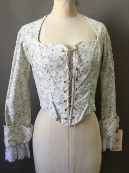 Womens, Historical Fiction Bodice, MTO, Cream, Teal Blue, Cotton, Polyester, Floral, 38B, Lacing/Ties Center Front, Cuffed Long Sleeves, Lace Ruffle Cuffs, Boning