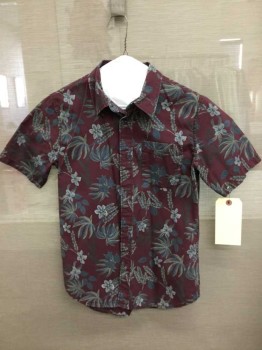 VANS, Wine Red, Slate Blue, Sage Green, Cotton, Floral, Wine Background W/ Slate Blue & Khaki Hawaiian Print. Short Sleeve,  Collar Attached,  1 Pocket,