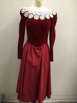 N/L, Red, Cream, Solid, Top Is Crushed Velvet, Long Sleeves, Skirt Is Faille, White Lace At Round Neck,  V Shape Waist, Hem Mid-calf,  Zipper At Center Back,