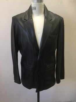 WILSONS LEATHER, Black, Leather, Solid, Blazer, SB., NL., 3 Pckts, 2 Bttns,
