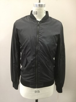 L.O.G.G., Black, Polyester, Solid, Nylon Bomber, Zip Front, 2 Flap Pockets, Ribbed Knit Collar/Waistband/Cuff