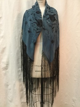 N/L, Dusty Blue, Black, Silk, Rayon, Floral, Aged/Distressed with Some Light Beach Spots, Very Nice Antique Looking Piano Shawl, Long Fringe in Very Good Shape,