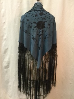 N/L, Dusty Blue, Black, Silk, Rayon, Floral, Aged/Distressed with Some Light Beach Spots, Very Nice Antique Looking Piano Shawl, Long Fringe in Very Good Shape,