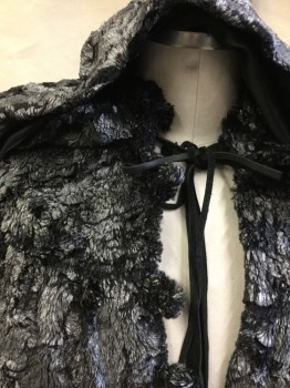 Unisex, Sci-Fi/Fantasy Cape/Cloak, MTO, Metallic, Charcoal Gray, Faux Fur, O/S, Metallic Fur with "Scales" Texture, Hood with Black Long String & Black Leather Wang Tie, Yoke Front & Back, Floor Length,  4 Button Loops, **with No Buttons
