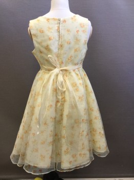 Childrens, Party Dress, CECI KIDS, Lt Yellow, Orange, Lt Olive Grn, Polyester, Floral, W26, B26, Sz 7, Sleeveless, Scoop Neck, Back Zipper, Sheer Poly Organza Overlay, Ribbon Tie Waistband, with Detachable Florette