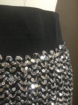 XXI, Silver, Black, Polyester, Rubber, Black Stretchy Knit Covered in Silver Sequins and Silver Fabric Woven Into Knit, 2.5" Wide Black Elastic Waistband