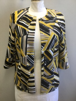 KASPER, Multi-color, Black, Yellow, White, Taupe, Polyester, Elastane, Abstract , Abstract White/Yellow/Black/Taupe Lines in Assorted Directions, Crepe, 3/4 Sleeves, Open at Center Front with No Closures, Padded Shoulders, Solid Black Lining
