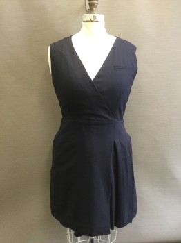 TORY BURCH, Navy Blue, Wool, Spandex, Solid, Surplice Top, 1 Faux Pocket, Zip Back, 1/4 Pleated Front Skirt