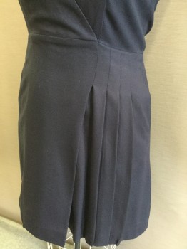 TORY BURCH, Navy Blue, Wool, Spandex, Solid, Surplice Top, 1 Faux Pocket, Zip Back, 1/4 Pleated Front Skirt