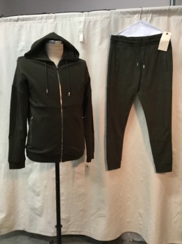 Mens, Sweatsuit Jacket, ZARA, Olive Green, Cotton, Polyester, Solid, L, Olive Green, Zip Front, Two Zip Pockets, Ribbed Sleeves, Hood