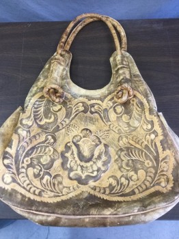 LOPEZ, Yellow, Brown, Leather, Floral, Shoulder Bag, Two Handles, Embossed Floral Design, Dirty