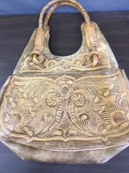 LOPEZ, Yellow, Brown, Leather, Floral, Shoulder Bag, Two Handles, Embossed Floral Design, Dirty