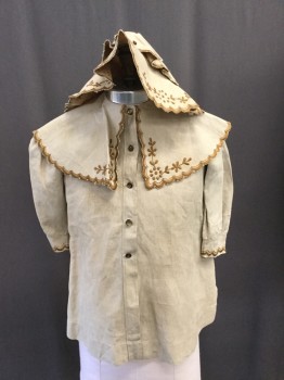 Childrens, Coat 1890s-1910s, MTO, Lt Brown, Mustard Yellow, Silk, Solid, C:28, Button Front, Attached Capelette Scalloped Collar, Ls, Mustard Embroidery Detail,