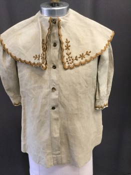 Childrens, Coat 1890s-1910s, MTO, Lt Brown, Mustard Yellow, Silk, Solid, C:28, Button Front, Attached Capelette Scalloped Collar, Ls, Mustard Embroidery Detail,