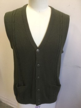 CELITAS, Olive Green, Wool, Solid, Cable Knit, Cardigan Button Front, V-neck, 2 Patch Pockets, **Barcode in Tricky Spot Behind Pocket
