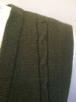 CELITAS, Olive Green, Wool, Solid, Cable Knit, Cardigan Button Front, V-neck, 2 Patch Pockets, **Barcode in Tricky Spot Behind Pocket
