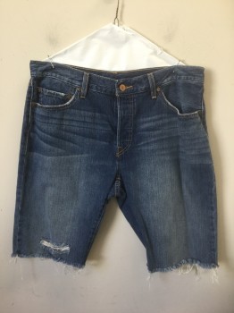 LEVI'S, Denim Blue, Cotton, Solid, Medium Blue Denim, Whiskered Fading at Thighs, Cut Off Frayed Hem, Button Fly, 5 Pockets, 10.5" Inseam, Some Holes/Distressing