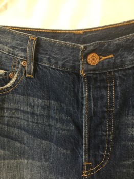 LEVI'S, Denim Blue, Cotton, Solid, Medium Blue Denim, Whiskered Fading at Thighs, Cut Off Frayed Hem, Button Fly, 5 Pockets, 10.5" Inseam, Some Holes/Distressing