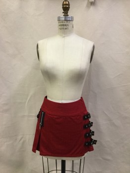 TRIPP, Red, Black, Cotton, Stripes, Punk Rock. Red Pin Stripe Skirt with 4 Buckle Straps with Silver Buckles on Left Side. Black Zipper & D.ring Strap on  Right Side. Zipper at Center Back,