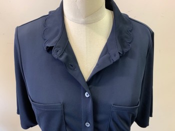BANANA REPUBLIC, Navy Blue, Polyester, Solid, Scalloped Short Sleeves, Scalloped Collar, Button Front Placket, 2 Patch Pockets, 2 Welt Pockets, Self Tie Belt