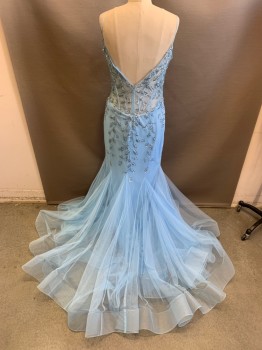 JOVANI, Lt Blue, Polyester, Solid, Floral, Silver Seed Beads & Sequins in Floral Pattern, Multi Gore Skirt with Horsehair Hem, Center Back Zipper, Spaghetti Straps, Some Beading Missing