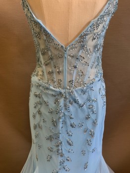JOVANI, Lt Blue, Polyester, Solid, Floral, Silver Seed Beads & Sequins in Floral Pattern, Multi Gore Skirt with Horsehair Hem, Center Back Zipper, Spaghetti Straps, Some Beading Missing