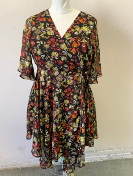 XHILARATION, Black, Chartreuse Green, Rust Orange, Red Burgundy, Polyester, Floral, Chiffon, 1/2 Sleeves, Wrapped Surplice V-neck, Self Ties at Waist, Uneven Handkerchief Style Hemline, Knee Length, Elastic Waist in Back