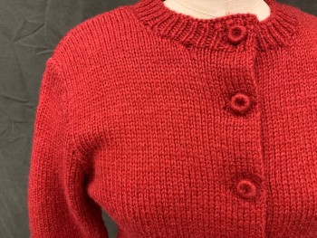 Womens, Sweater, N/L, Red, Wool, Solid, B 34, Cardigan, Ribbed Knit Neck/Waistband/Cuff, Yarn Covered Button Front