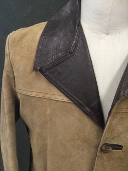 Mens, Leather Jacket, N/L, Tan Brown, Dk Brown, Leather, Color Blocking, 42, Tan Suede, Single Breasted, Button Front, Solid Brown Leather Collar Attached/Notched Lapel, 2 Pockets with Dark Brown Leather Flap Pockets and Stripe Detail, Front Yoke, Back Waistband Panel