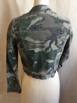 TEXT STYLE, Olive Green, Faded Black, Lt Olive Grn, Lt Brown, Cotton, Spandex, Camouflage, Mandarin/Nehru Collar, Zip Front, 2 Pockets with Flap & 1 Brass Button, Long Sleeves with Zipper @ Cuff