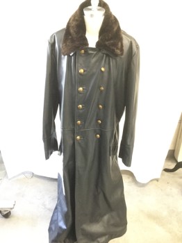 Mens, Coat, Leather, SOUTH BEACH LEATHER, Black, Leather, Faux Fur, Solid, 2 X L , Trench , Floor Length, Detachable  Brown Faux Fur Collar, Double Breasted, 12 Buttons,  Long Sleeves, Brass Colored Dome Buttons 2 Flap Pockets