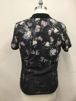 RON TOMSON, Black, White, Pink, Cotton, Polyester, Floral, Faded Gradiated, Short Sleeves, 2 Button Placket, Solid Black Waffle Knit Collar Attached/Cuff