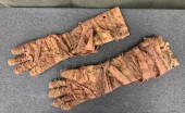 Mens, Historical Fiction Piece 4, MTO, Wine Red, Red Burgundy, Cotton, Solid, Graphic, OS, Long Mummy Gloves, Gauze/cotton Wrapped, Faded Hieroglyphic Print, Hook Attachments to Attach to Mummy, Wrap Around Gauze Straps