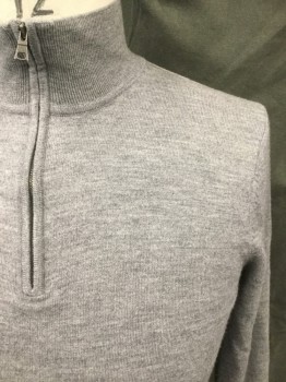 BANANA REPUBLIC, Heather Gray, Wool, 1/2 Zip Front, Stand Collar, Long Sleeves, Ribbed Knit Collar