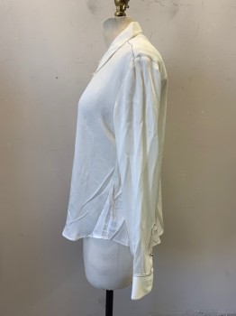Womens, Blouse, THEORY, Ivory White, Black, Silk, Solid, S, Collar Attached, Button Front, Long Sleeves, Black Stitching, Silver Buttons Down Front and Cuffs