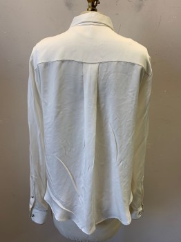 Womens, Blouse, THEORY, Ivory White, Black, Silk, Solid, S, Collar Attached, Button Front, Long Sleeves, Black Stitching, Silver Buttons Down Front and Cuffs