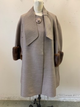 NO LABEL, Taupe, Synthetic, Heathered, Evening Coat, Neck Tie Attached, 1 Large Button & 2 Snap Buttons, Fur Trim on Cuffs, 2 Pockets