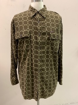 Mens, Casual Shirt, ENYCE, Tobacco Brown, Beige, Cotton, Geometric, M, Corduroy, Collar Attached, Button Front, Long Sleeves, Circle Pattern