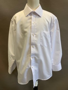 KIDS WORLD OF USA, White, Cotton, Polyester, Solid, Boys Dress Shirt, Long Sleeves, Button Front, Collar Attached, 1 Patch Pocket