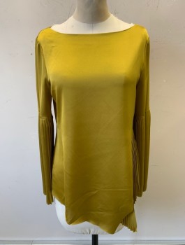 BANANA REPUBLIC, Ochre Brown-Yellow, Polyester, Solid, Satin, 3/4 Sleeves with Voluminous Pleated Flare, Bateau/Boat Neck, Pullover, Pleated Panels at Sides