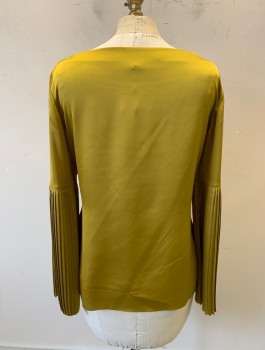 BANANA REPUBLIC, Ochre Brown-Yellow, Polyester, Solid, Satin, 3/4 Sleeves with Voluminous Pleated Flare, Bateau/Boat Neck, Pullover, Pleated Panels at Sides