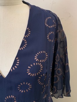 Womens, Dress, Short Sleeve, ANNA SUI, Navy Blue, Champagne, Viscose, Acetate, Circles, 6, V-N, Butterfly S/S, Navy Lining and Navy with Champagne "Seeds" Shaped Into Circles, Keyhole Back, Cutout at Back of Waist, Zip Back
