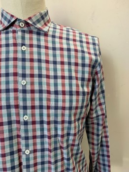 Billy Reid, Red, Blue, Mint Green, Lt Gray, Cotton, Gingham, L/S, Button Front, Collar Attached, Chest Pocket