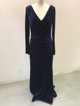 Womens, Evening Gown, VINCE CAMUTO, Navy Blue, Polyester, Elastane, Solid, Sz.8, Stretch Velvet, Long Sleeves, Surplice V-neck, Ruched at Side Waist, Floor Length, Invisible Zipper in Back